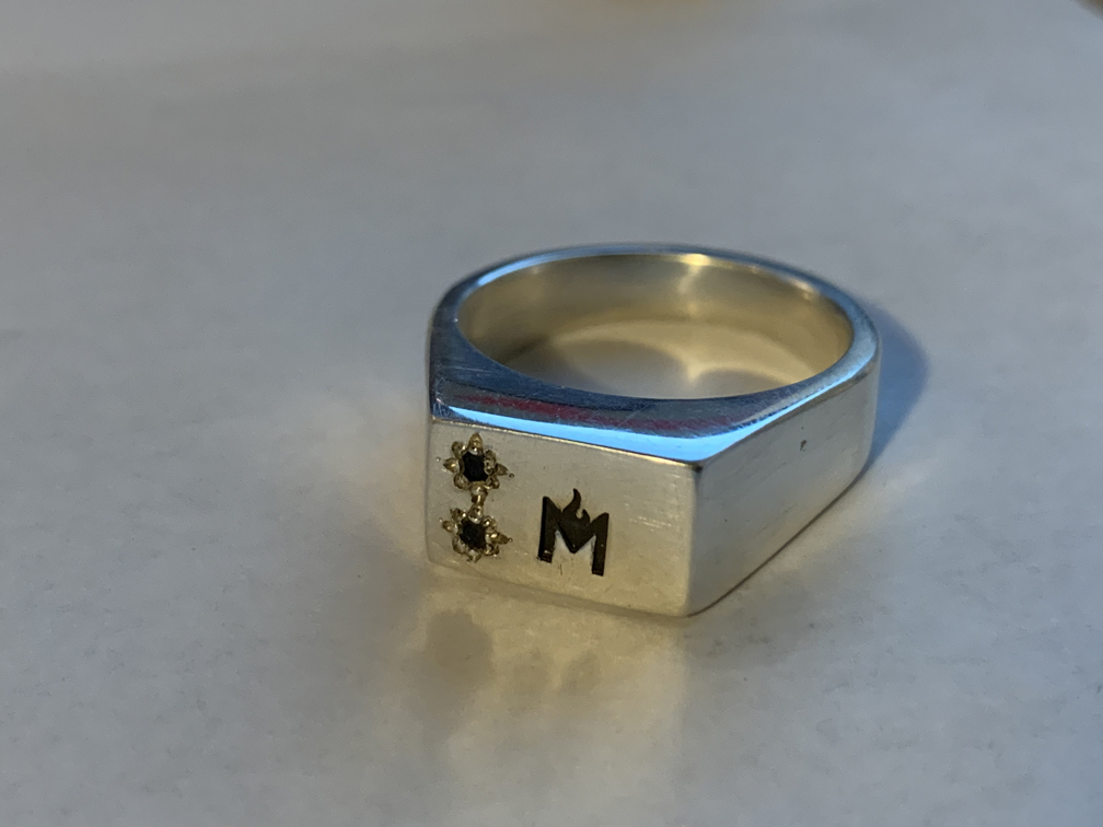 Sterling signet ring with sapphires and maker's mark